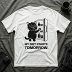 T-Shirt — 'My Diet Starts Tomorrow' Tired Cat Graphic Tee (Tired jokes)