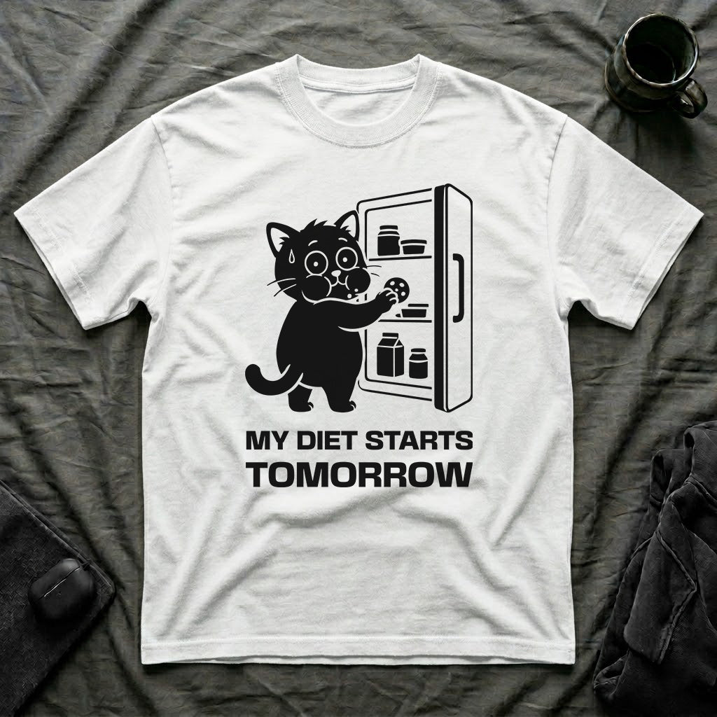 T-Shirt — 'My Diet Starts Tomorrow' Tired Cat Graphic Tee (Tired jokes)