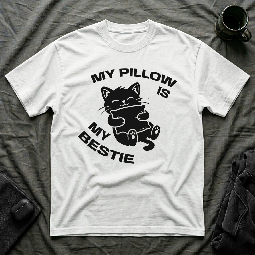 T-Shirt — 'My Pillow Is My Bestie' Tired Cat Graphic Tee (Tired jokes)