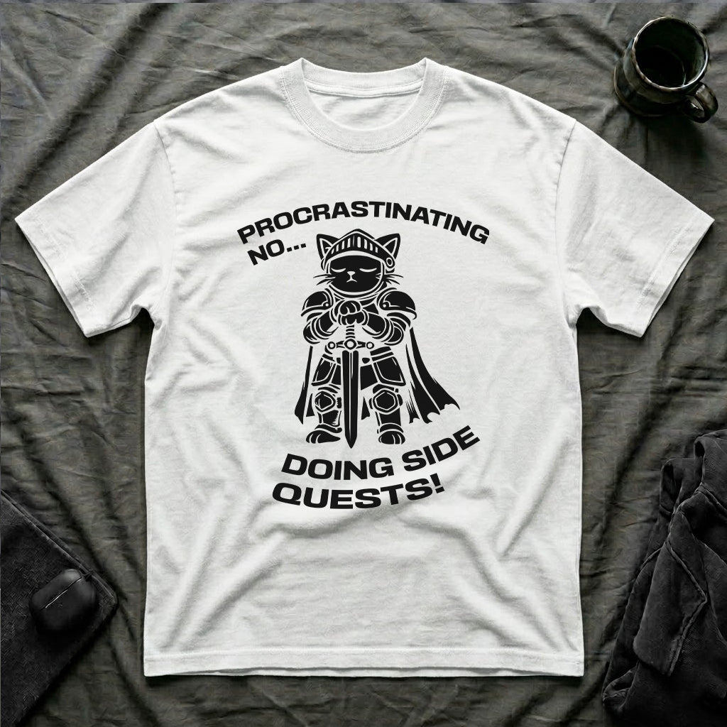 T-Shirt — 'PROCRASTINATING NO...DOING SIDE QUESTS!' Tired Cat Graphic Tee (Tired jokes)