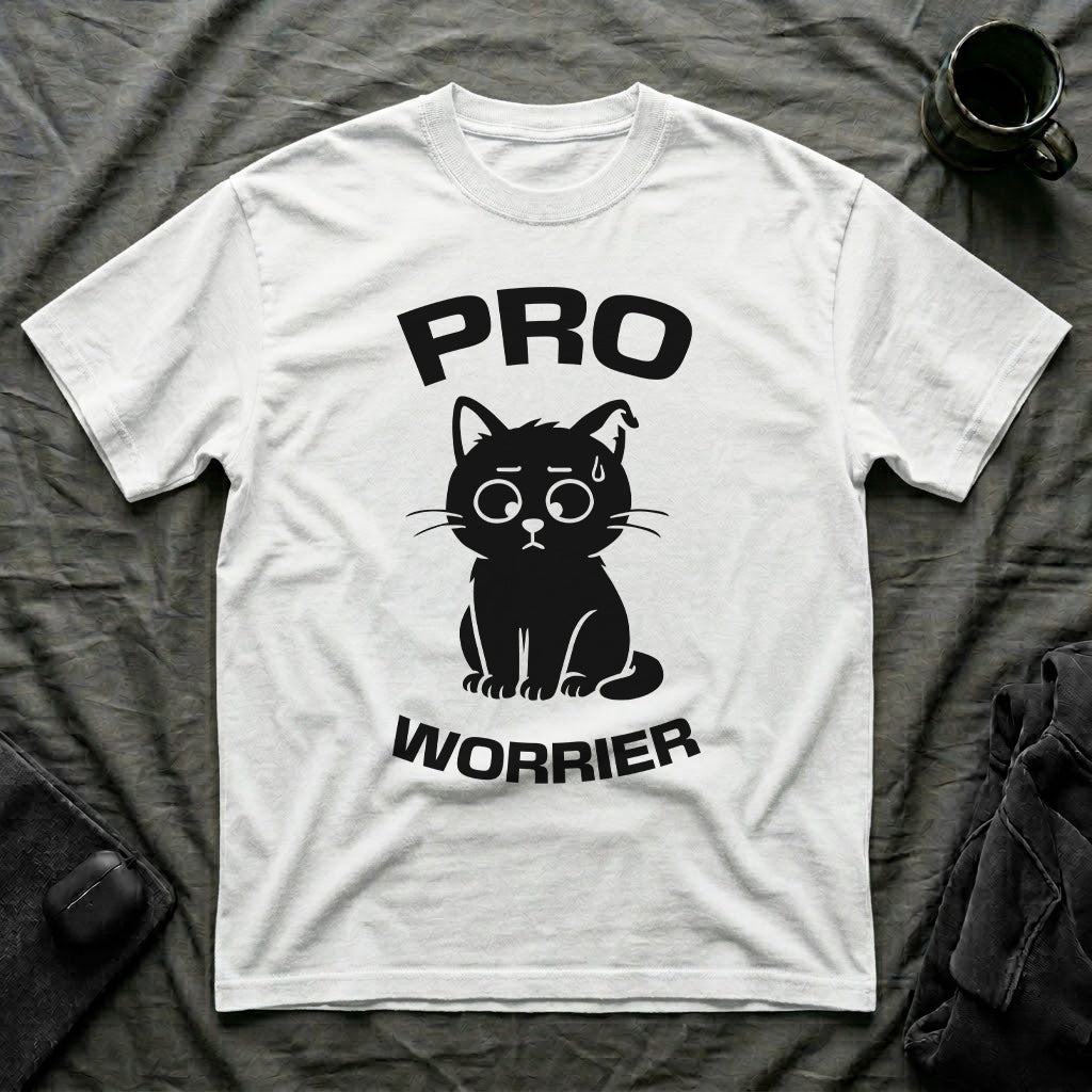 T-Shirt — 'Pro Worrier' Tired Cat Graphic Tee (Tired jokes)