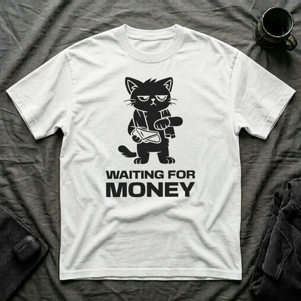 T-Shirt — 'WAITING FOR MONEY' Tired Cat Graphic Tee (Tired jokes)