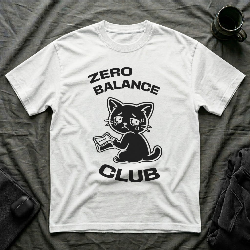 T-Shirt — 'ZERO BALANCE CLUB' Tired Cat Graphic Tee (Tired jokes)