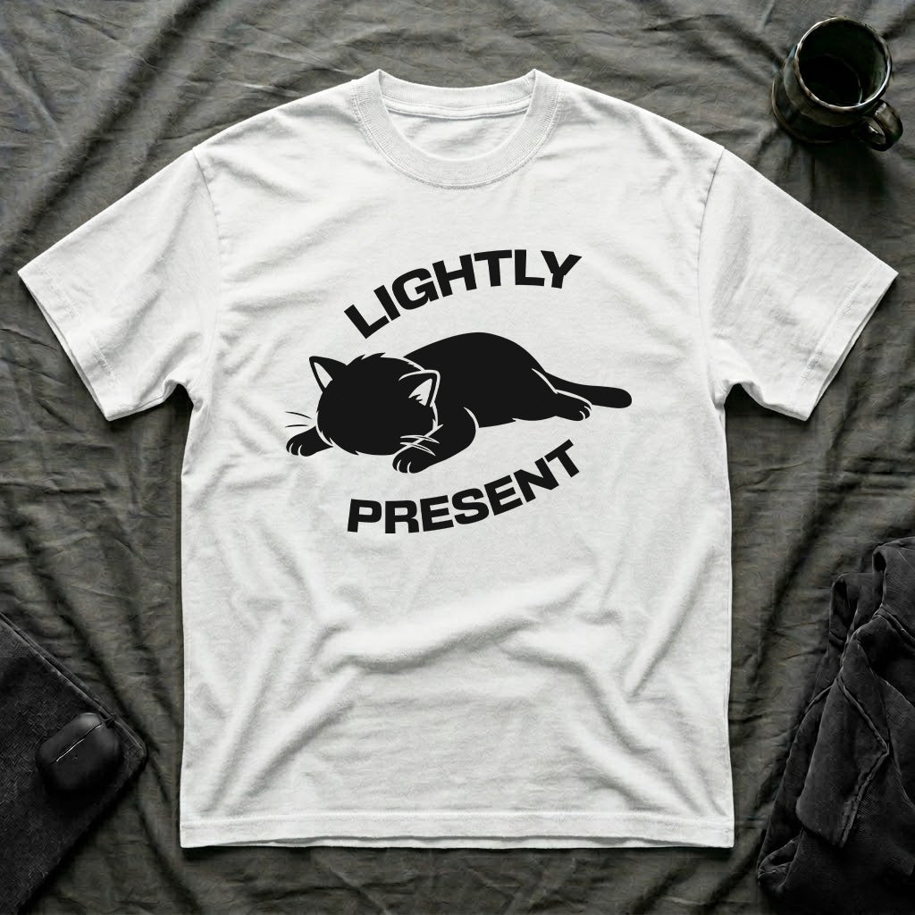 T-Shirt — 'Lightly Present' Tired Cat Graphic Tee (Tired jokes)
