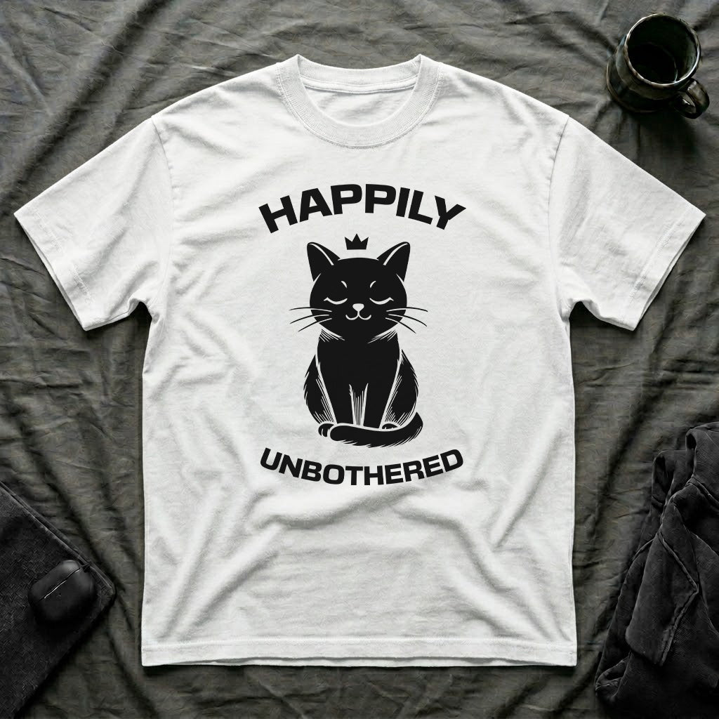 T-Shirt — 'Happily Unbothered' Tired Cat Graphic Tee (Tired jokes)