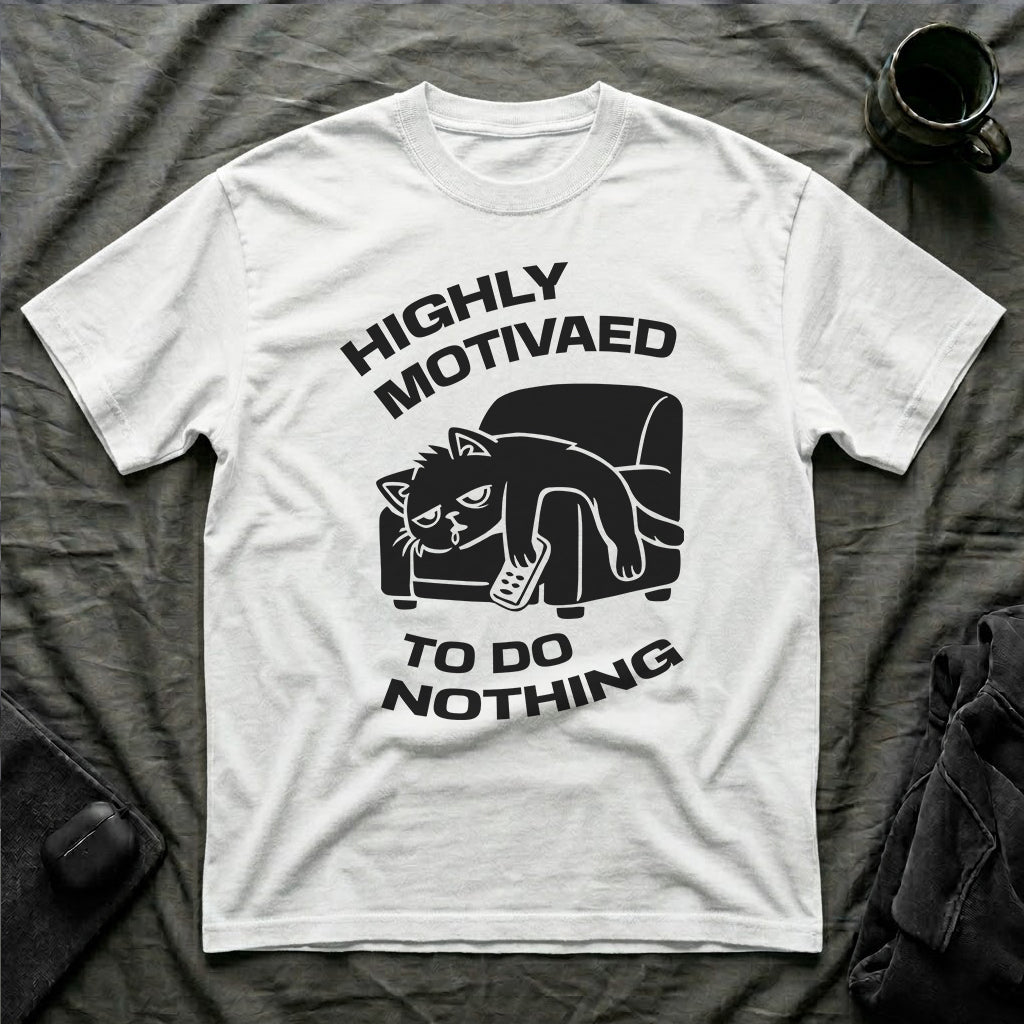 T-Shirt — 'HIGHLY MOTIVATED TO DO NOTHING' Tired Cat Graphic Tee (Tired jokes)