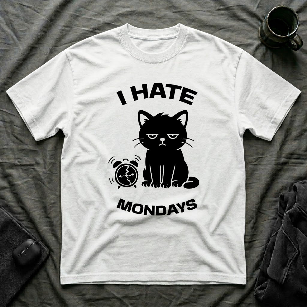 T-Shirt — 'I HATE MONDAYS ' Tired Cat Graphic Tee (Tired jokes)