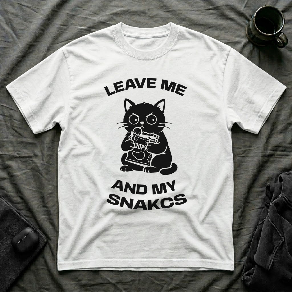 T-Shirt — 'LEAVE ME AND MY SNACKS' Tired Cat Graphic Tee (Tired jokes)